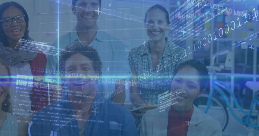 Diverse Colleagues Enjoying Work with Digital Data Overlay