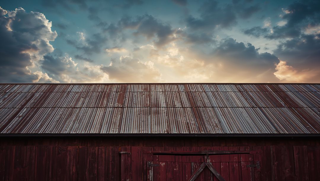 Rustic Red Barn under Dramatic Sky at Sunrise