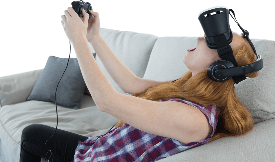 Woman Using Virtual Reality Headset on Couch Feeling Amazed