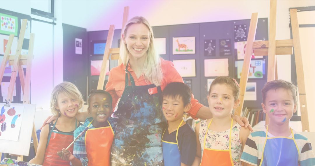 Smiling Teacher Painting with Multiethnic Schoolchildren in Art Class