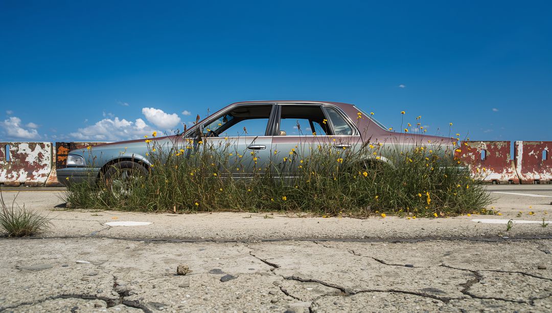 Abandoned Sedan Reclaimed by Nature on Rustic Concrete Pavement