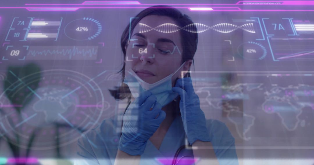 Female Scientist Lowering Mask with DNA Pattern in High-Tech Medical Lab
