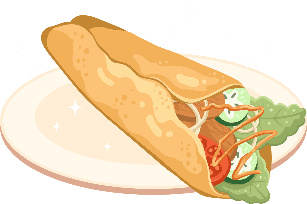 Transparent Cartoon Vegetarian Tortilla Wrap Drawing with Veggies and Sparkles
