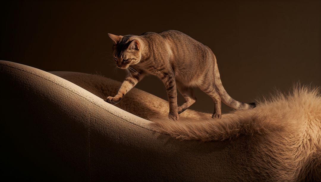Tabby Cat Walking on Curved Sofa Back with Faux Fur Throw, Warm Minimalist Lighting