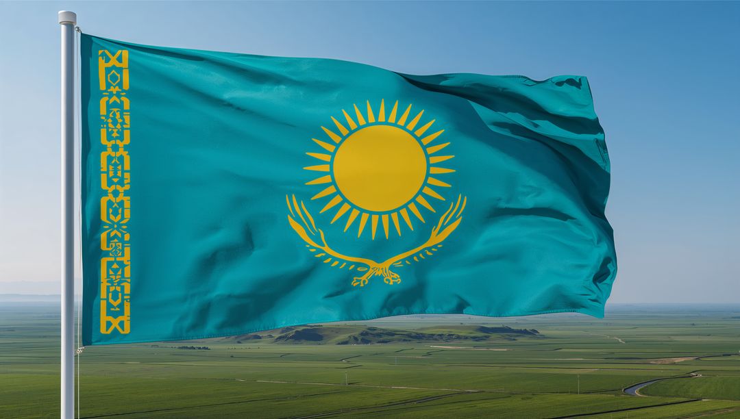 Kazakhstan Flag Waving Over Vast Steppe With Golden Sun and Eagle Emblem