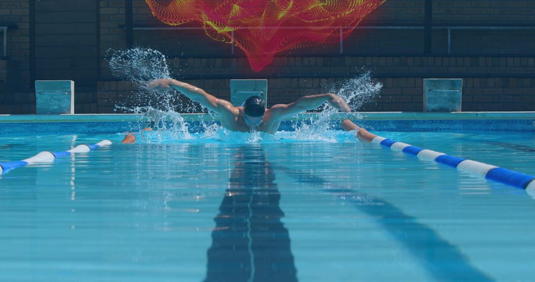 Swimming Athlete Performing Butterfly Stroke in Pool with Digital Enhancement