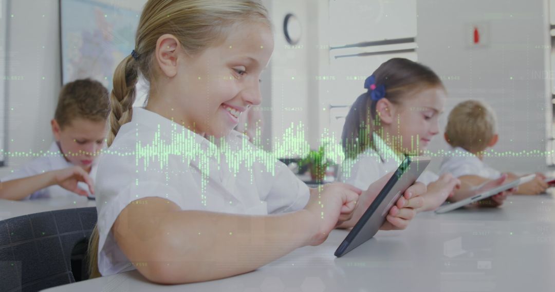Schoolchildren Using Tablets with Data Visualization Overlay