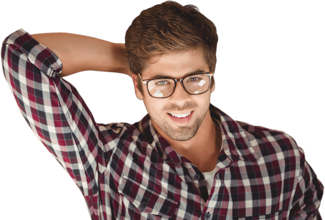 Smiling Hipster In Glasses and Plaid With Hand Behind Head Transparent Background