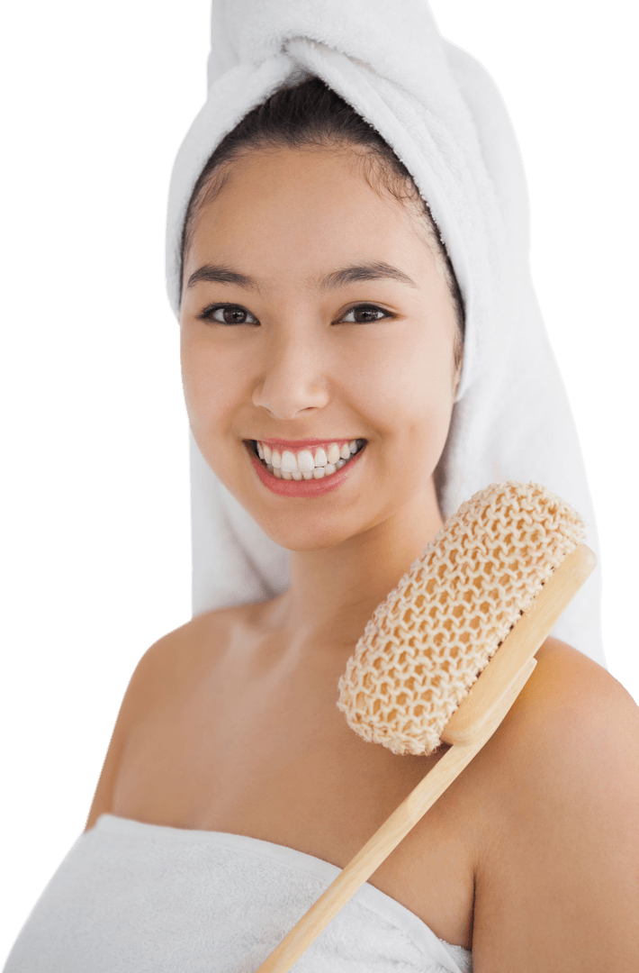 Transparent Smiling Woman with Towel and Loofah