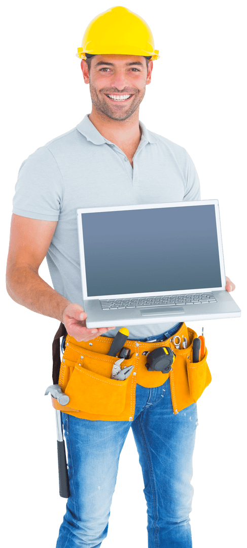 Confident Handyman Presenting Laptop on Transparent Background