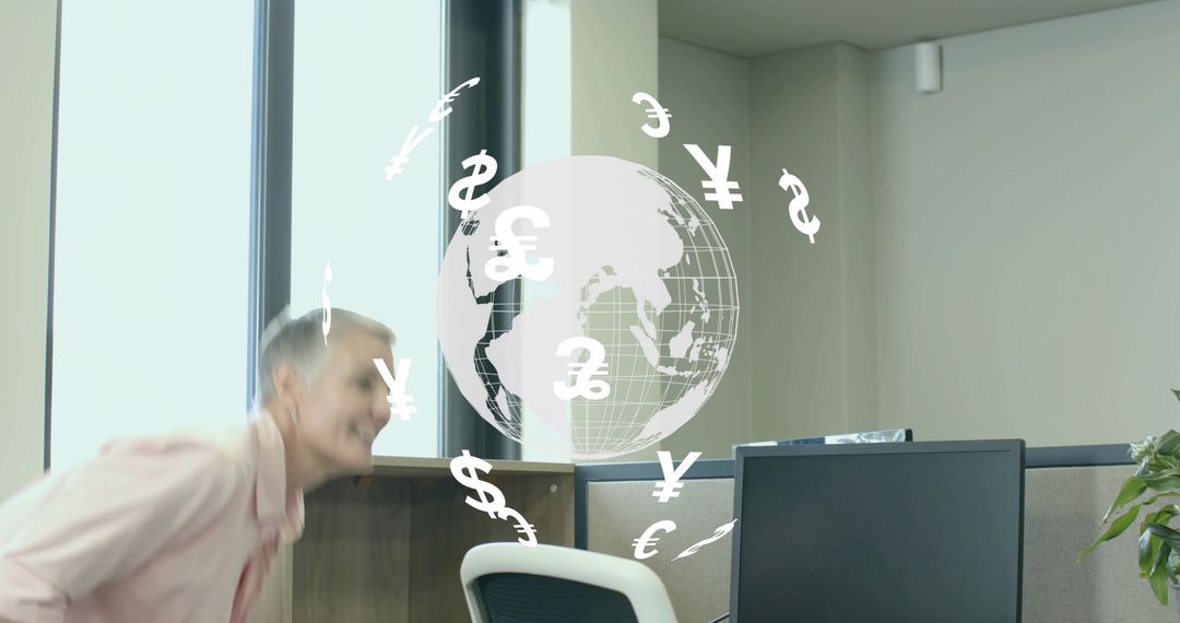 Businessman Exploring with Virtual Currency Globe and Symbols