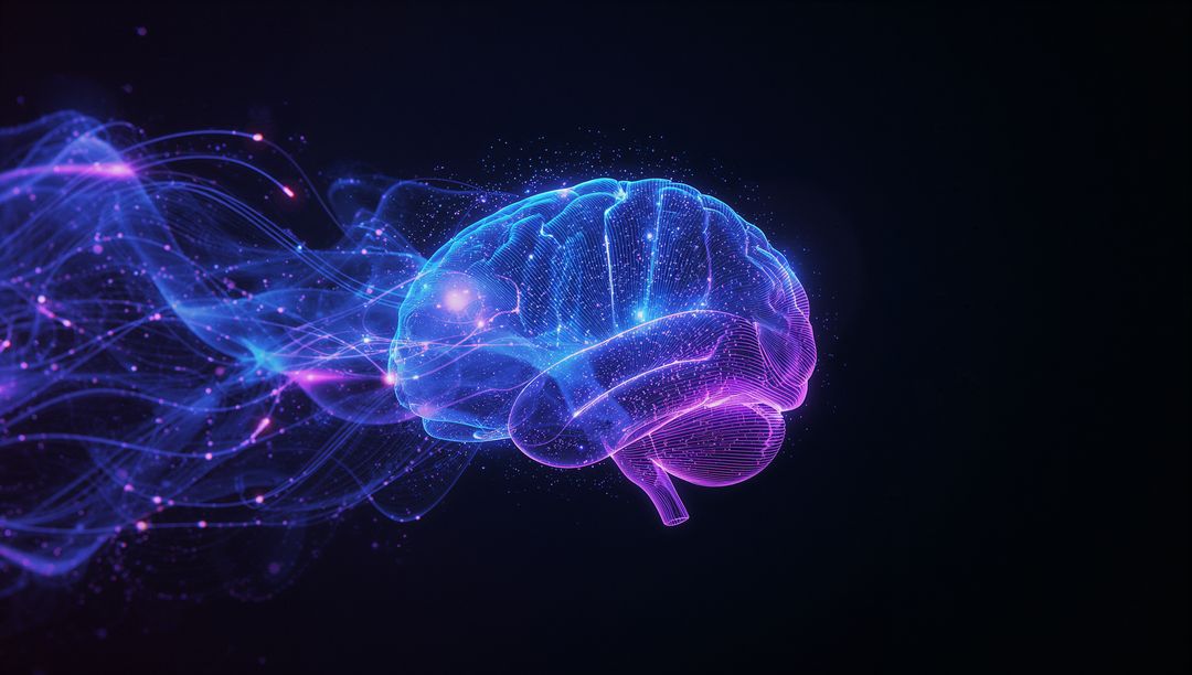 Futuristic Holographic Brain with Streaming Neon Particles