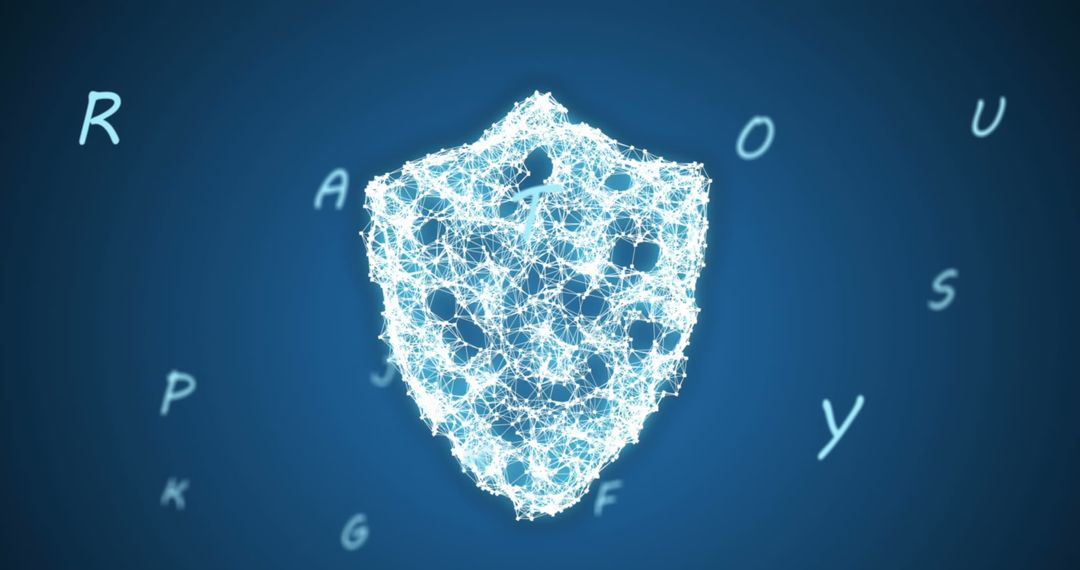 Digital Security Shield with Floating Letters on Blue Background