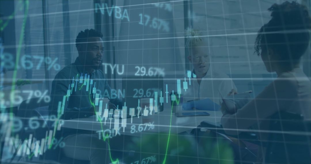 Diverse Colleagues Analyzing Market Trends with Data Overlay