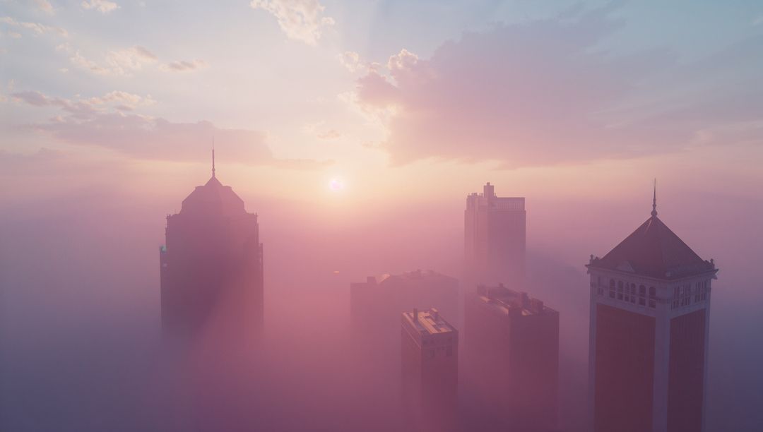 Skyline in Mystical Pink Fog with Sunrise