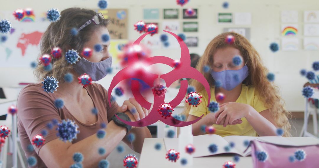 Female Teacher and Schoolgirl in Masks with Covid-19 Biohazard Sign