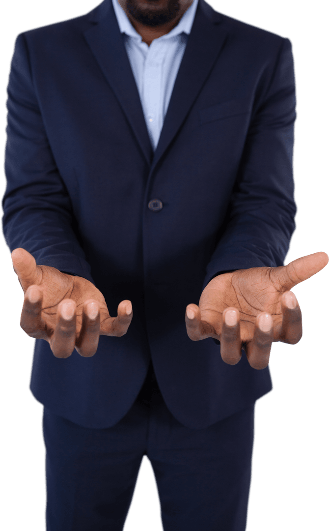 Businessman with Open Hands Expressing Uncertainty Transparent Background