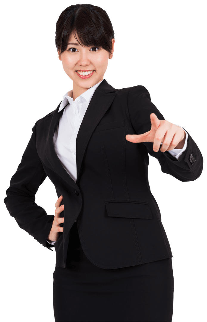 Transparent Smiling Businesswoman Pointing Forward Confidently