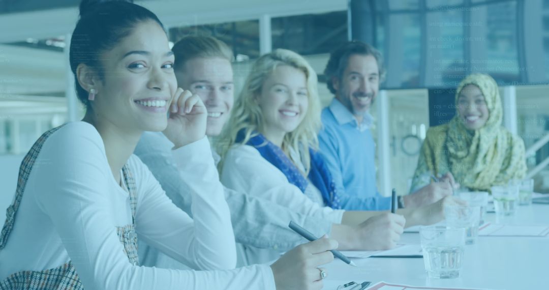 Diverse Group of Smiling Colleagues in Modern Office Meeting