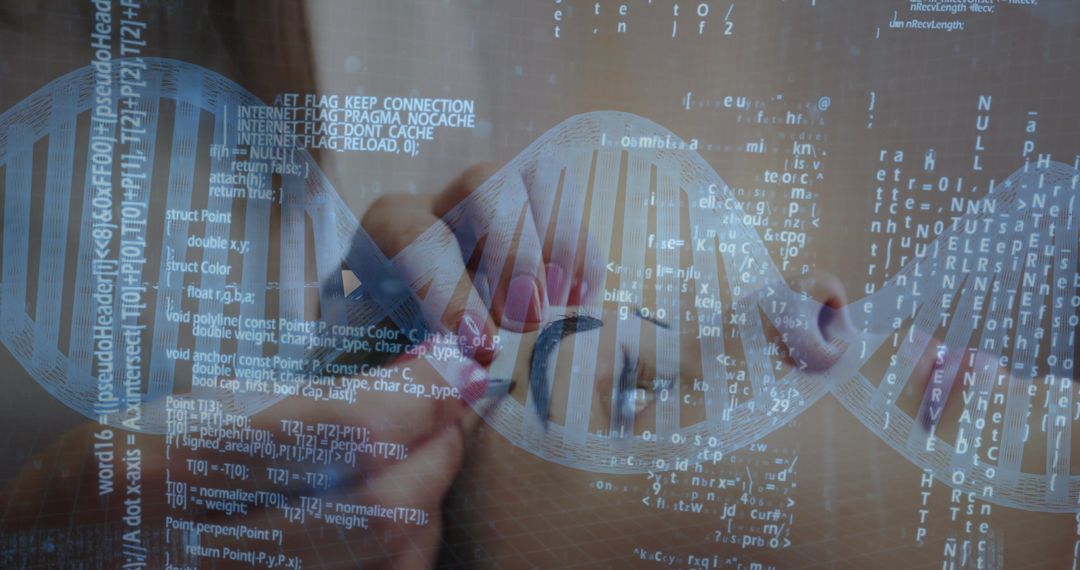 Scientist Analyzing DNA Helix with Coding Overlay in Lab