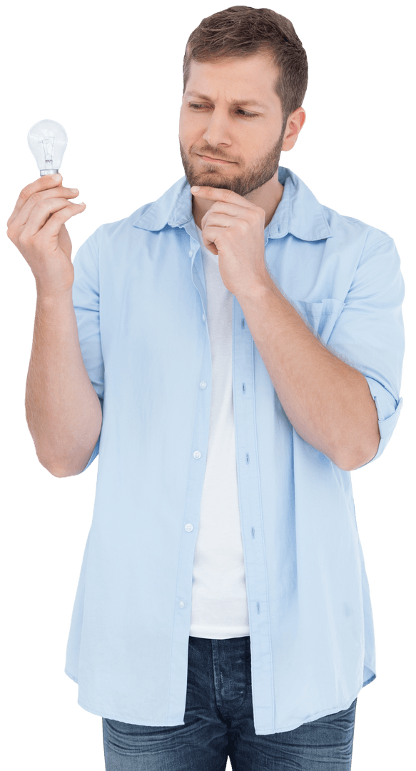 Thoughtful Man Pondering Idea While Holding Transparent Light Bulb