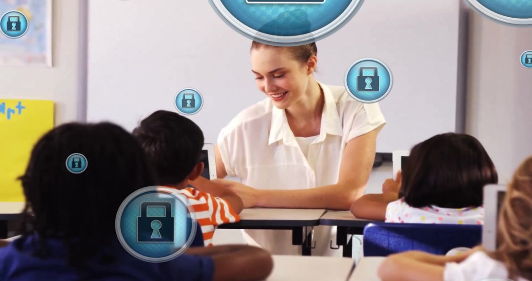 Teacher Assisting Students on Tablets with Digital Encryption Overlays