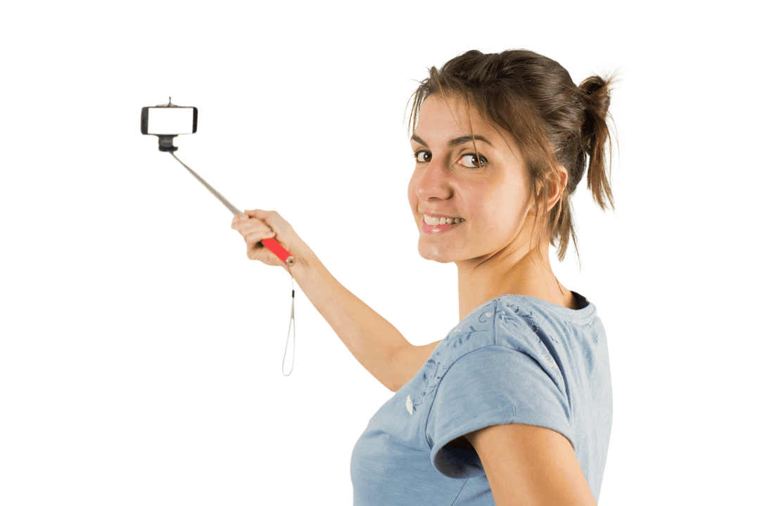 Transparent Joyful Woman Taking Selfie with Smile and Stick