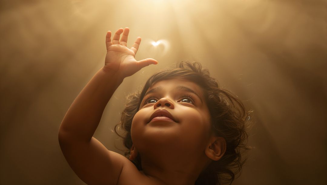 Indian toddler reaching toward heart-shaped light with golden rays and soft halo, studio portrait