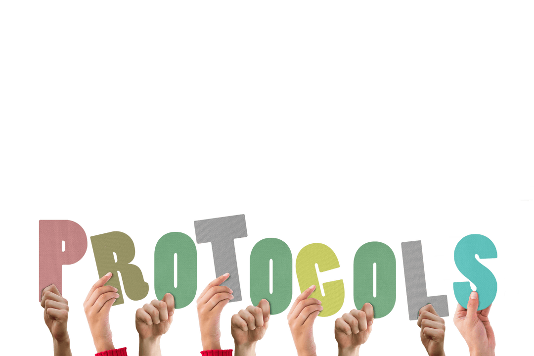 Hands Raising the Word Protocols on Transparent Background