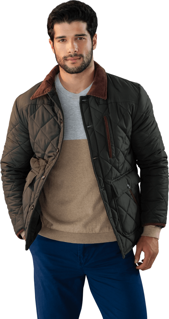 Young Man Standing in Stylish Quilted Jacket on Transparent Background