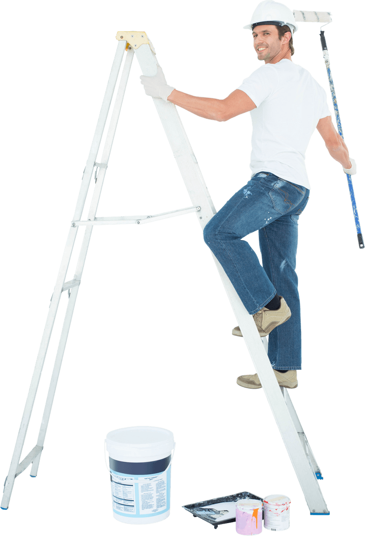Man Smiling Painting with Roller on Ladder Transparent Background