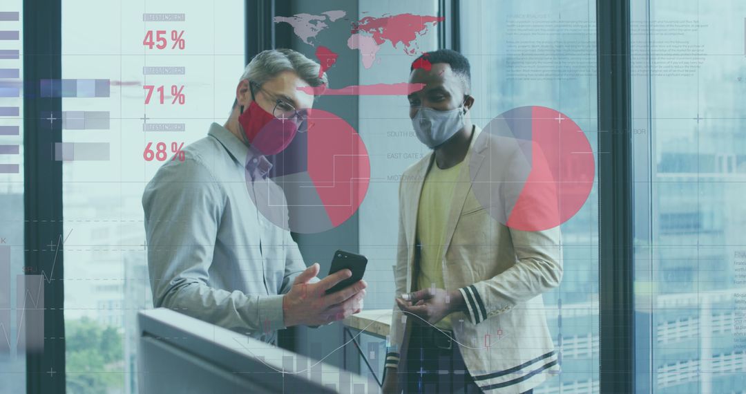 Business Professionals Analyzing Data on Smartphone with Global Charts