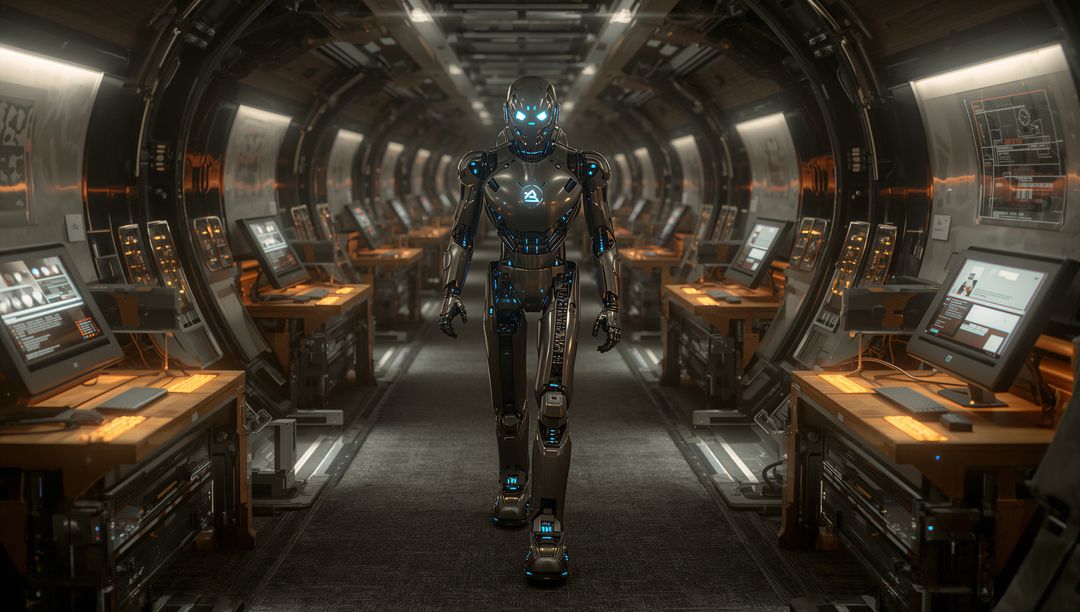 Futuristic Humanoid Robot Walking Through Spacecraft Corridor