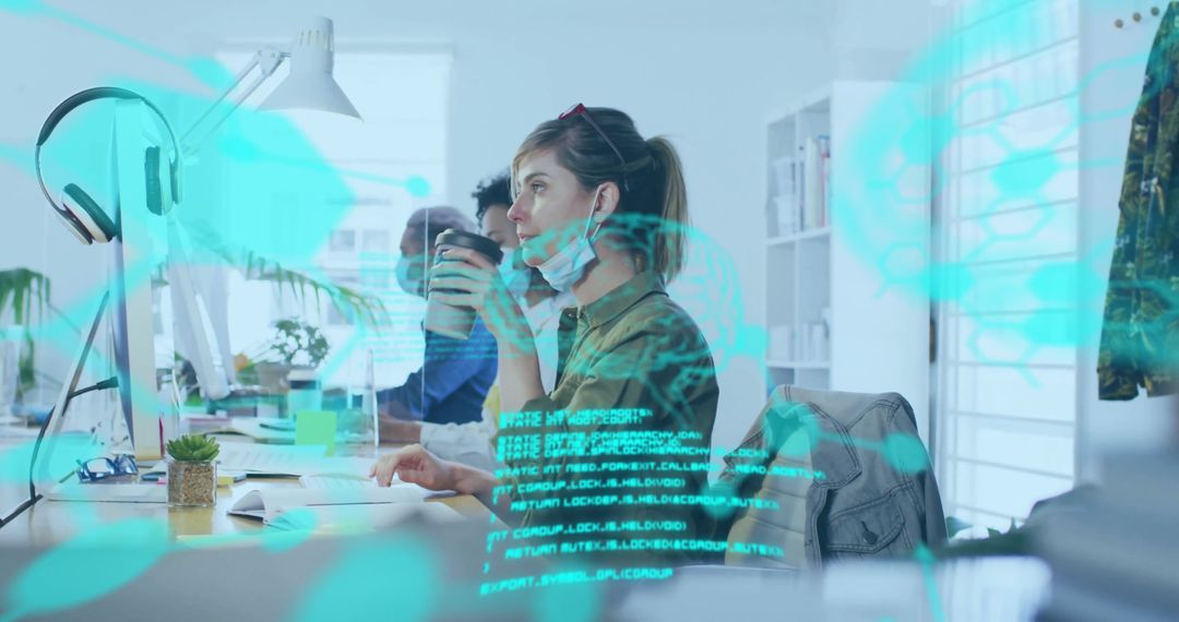 Businesswoman with Mask Analyzing Data on Computer Screen