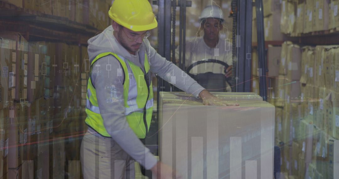 Warehouse Worker Stacking Boxes with Technology Overlay in Distribution Center