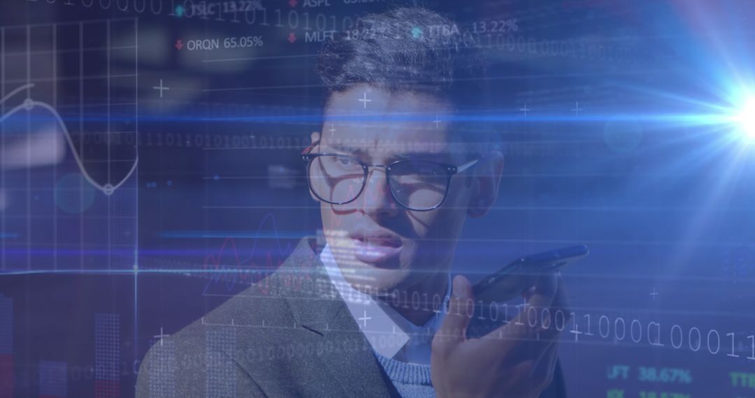 Businessman Engaging with High-Tech Financial Data and Smartphone