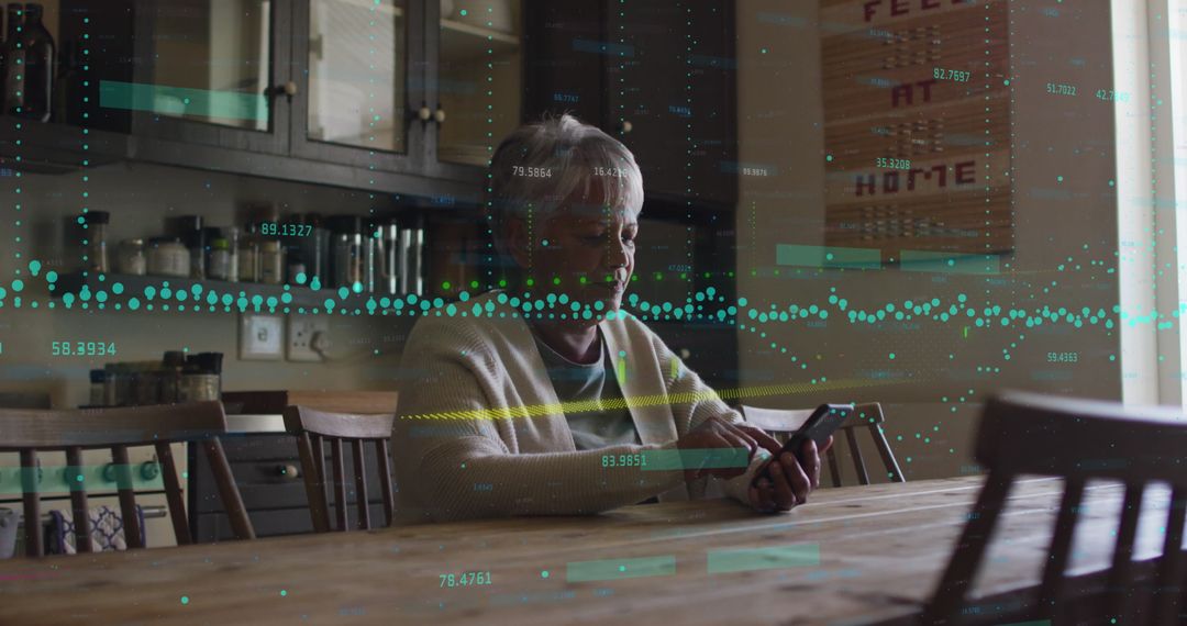 Senior Woman Using Smartphone with Digital Financial Interface Overlay