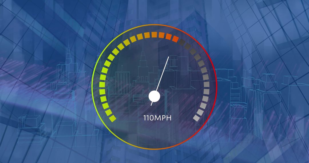 Futuristic Speedometer Display with Urban Cityscape Background