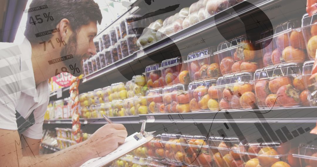 Caucasian Supermarket Worker Analyzing Data Over Fruit Display