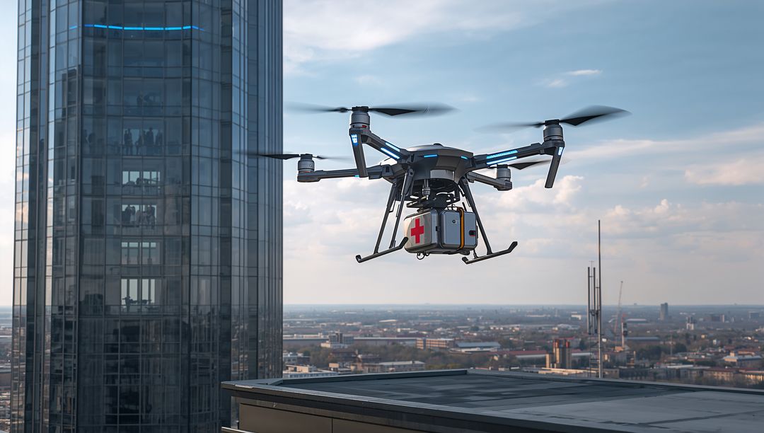 Medical Drone Hovering Over Rooftop Carrying Red Cross First Aid Box Near Skyscraper