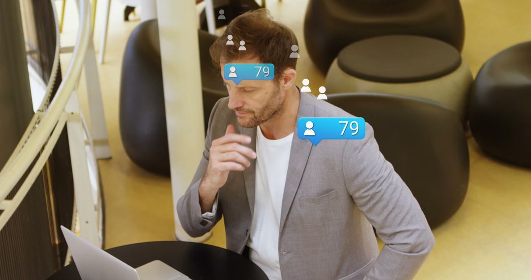 Man Engaging with Social Media Icons Portraying Digital Interaction