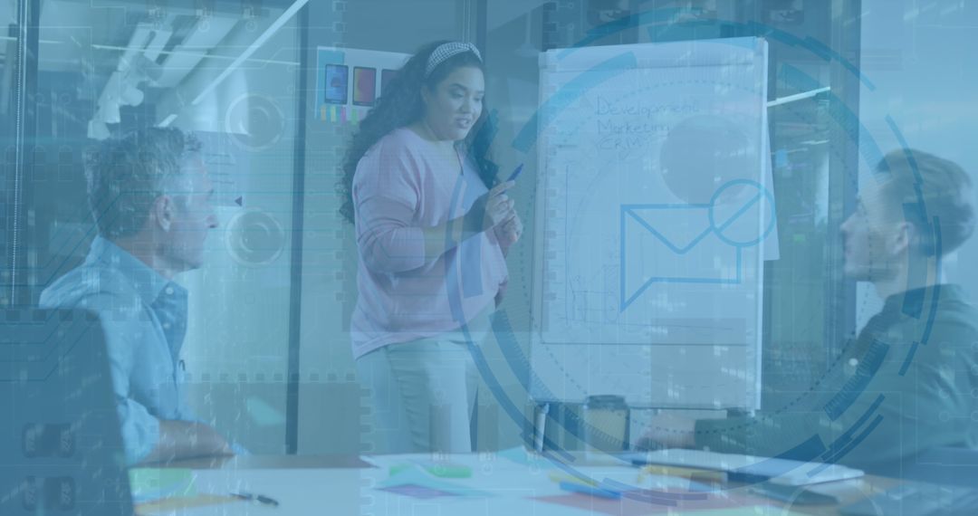 Diverse Business Meeting Enhanced by Digital Data Processing Overlay