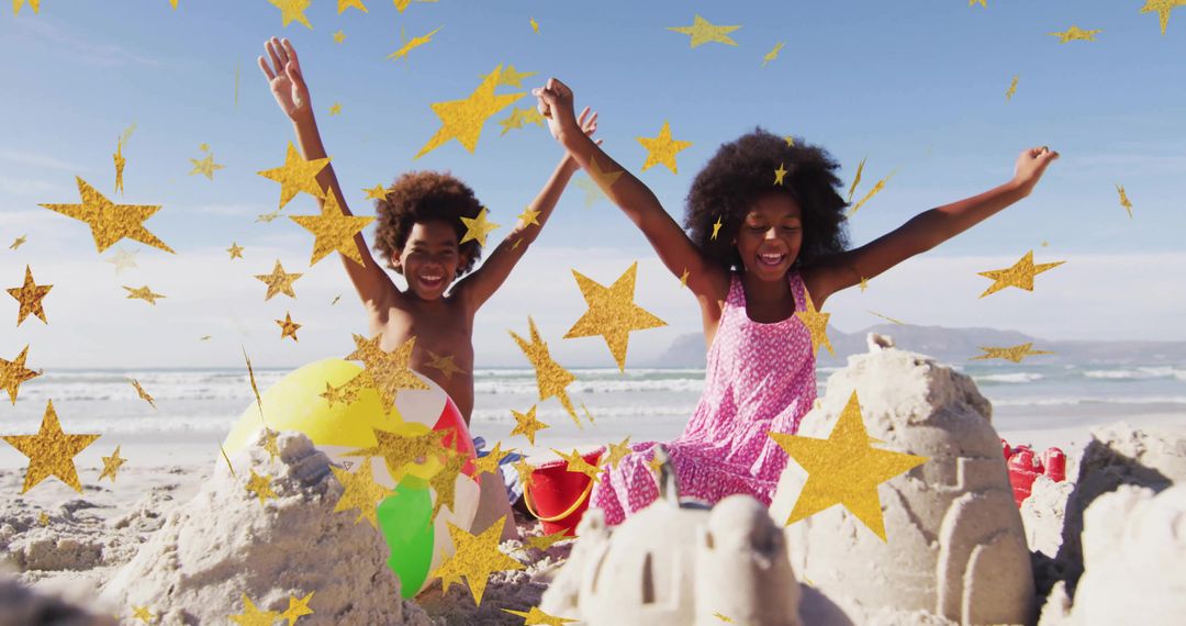 Joyful Siblings Playing at Beach Sandcastle Party