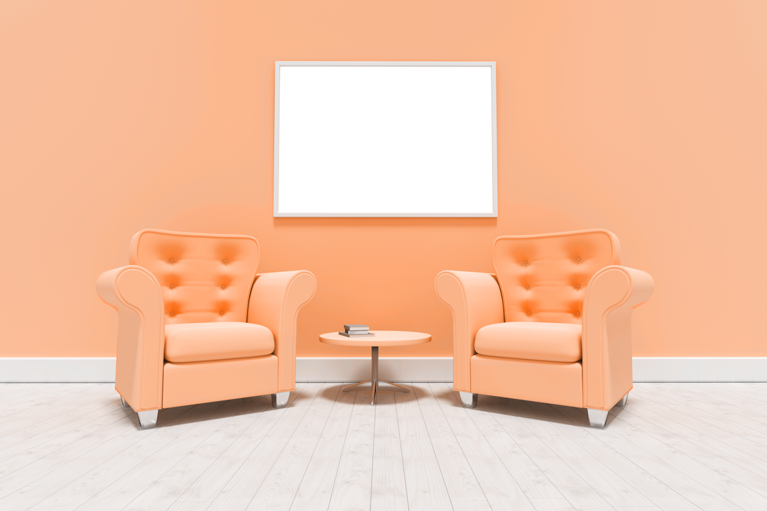 Pair of Orange Armchairs Facing Transparent Frame on Peach Wall - Download Free Stock Images Pikwizard.com