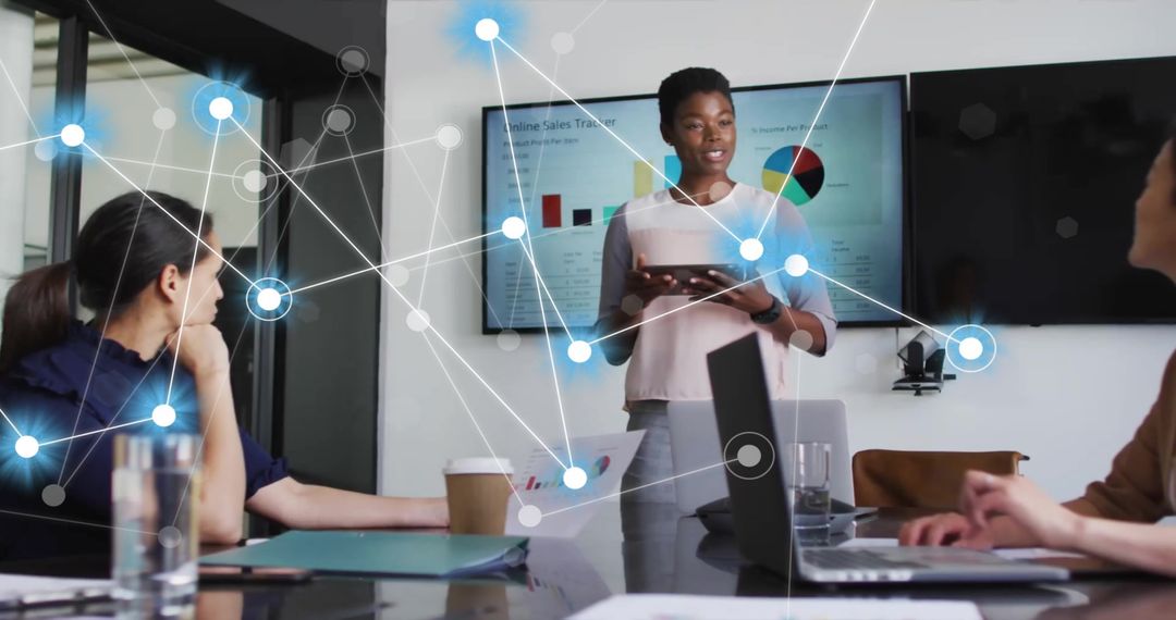 Diverse Team Collaborating with Digital Data Connections in Office