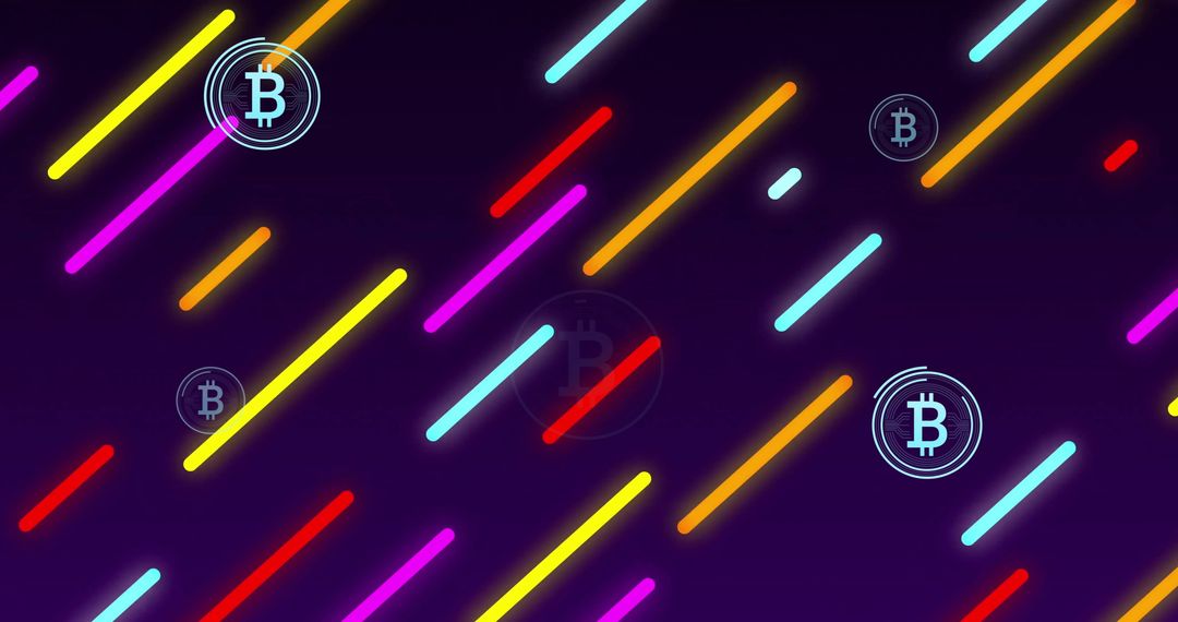 Bitcoin Icons with Neon Light Streaks on Dark Background