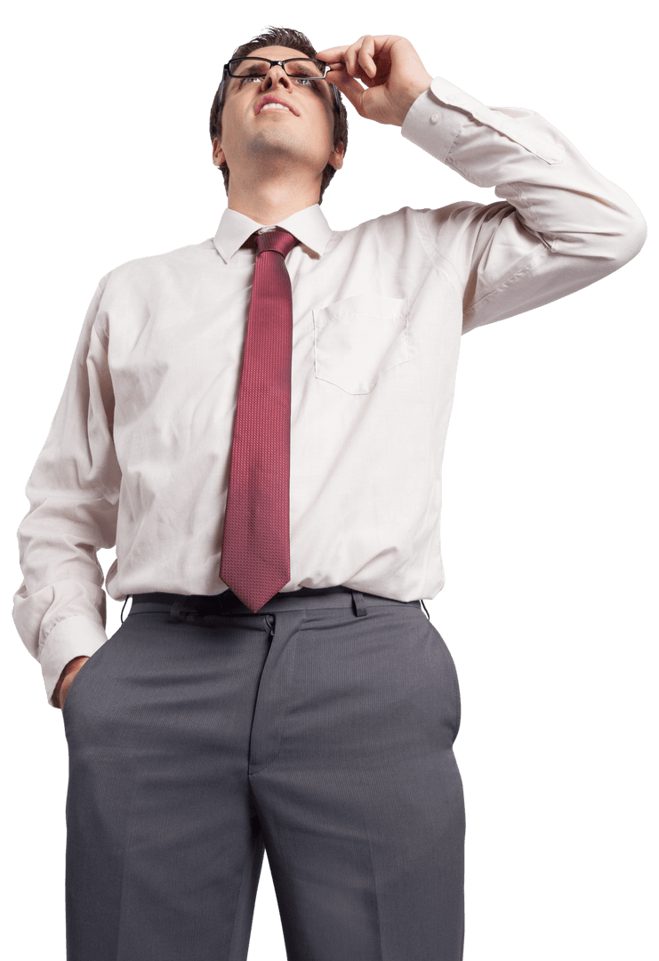 Transparent Thinking Businessman Touching Glasses