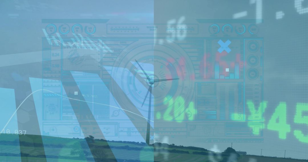 Digital Overlay Blending with Rolling Countryside Showing Central Clock and Financial Readouts