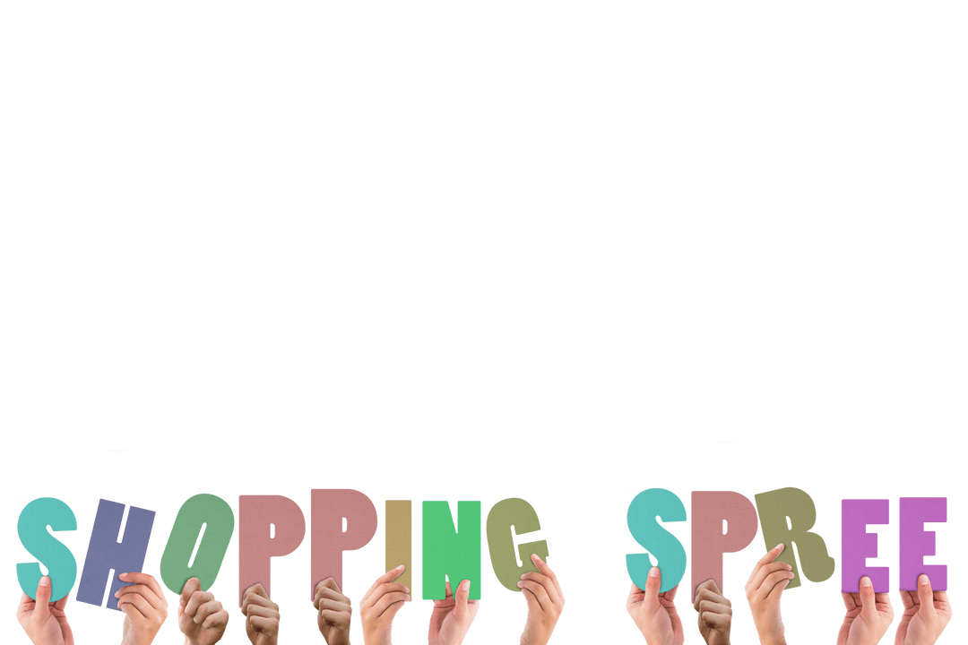 Hands Holding Shopping Spree Text on Transparent Background