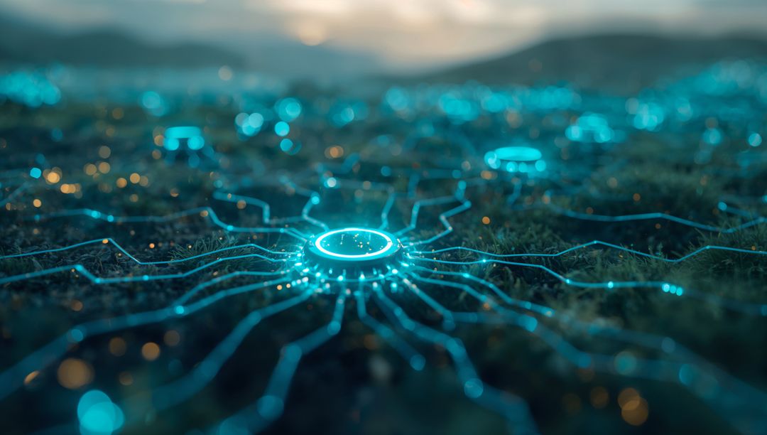 Neon Glow Circuit Lines Radiating Across Mossy Field at Dusk